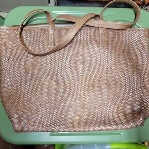 Woven Leather Tan Tote Bag With Shimmer